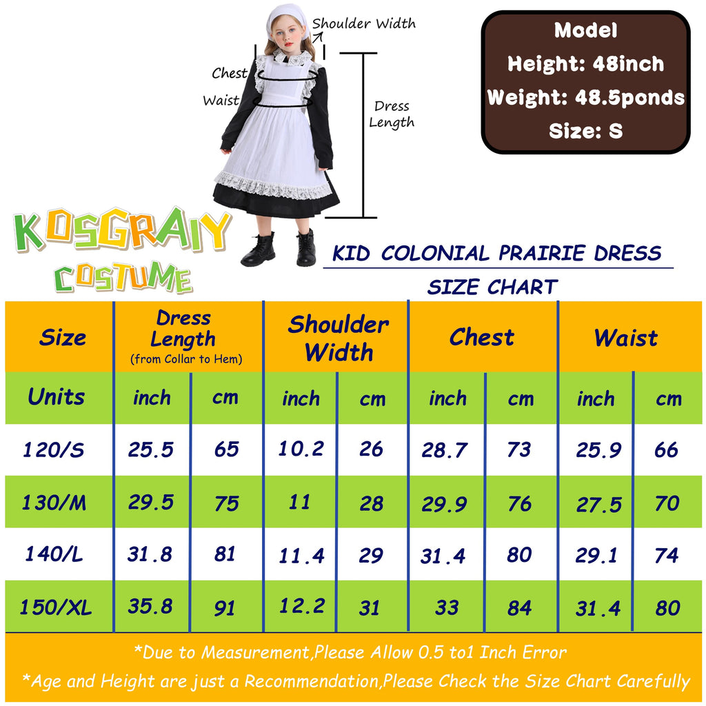 Kosgraiy Colonial Prairie Costume Dress for Girl,Kid Manor Maid Dress,Victorian Maid Costume,Girl Pilgrim Outfit,Black,S/120