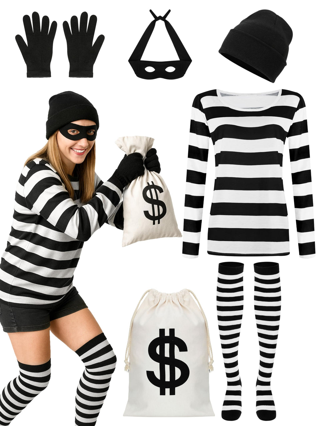 QZYL Halloween Women Robber Costume Set, XXL Women Thief Cosplay Striped Shirt Mask Gloves Beanie Cap Bag for Halloween Thief