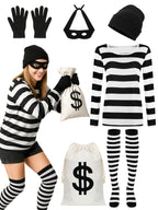 QZYL Halloween Women Robber Costume Set, XXL Women Thief Cosplay Striped Shirt Mask Gloves Beanie Cap Bag for Halloween Thief