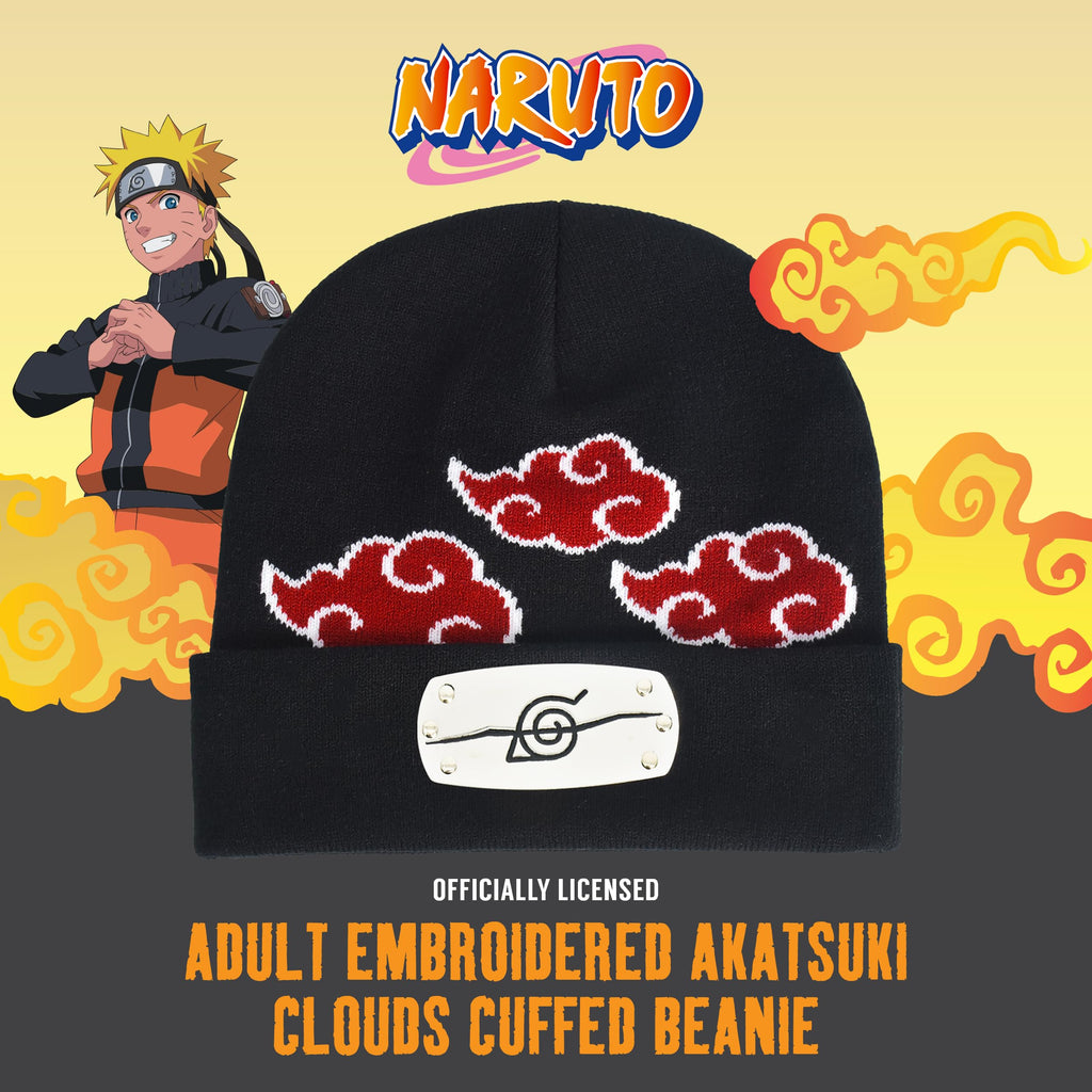 Naruto Beanie Hat, Akatsuki Cloud Winter Knit Cap with Cuff, Black, One Size