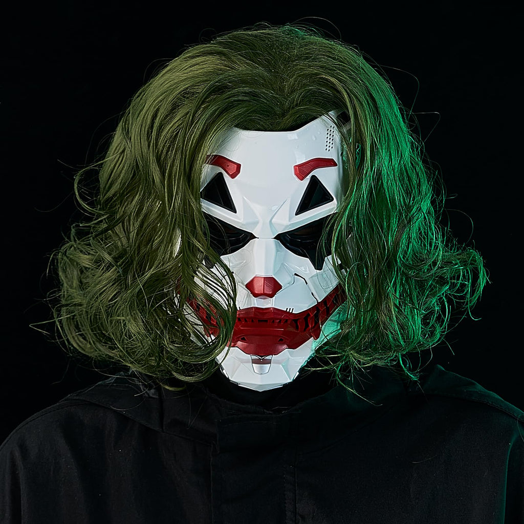 IUUBVV Futuristic Clown Mask with Green Wig, White and Red Cyberpunk Style Face Mask, Halloween Costume Accessory
