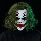 IUUBVV Futuristic Clown Mask with Green Wig, White and Red Cyberpunk Style Face Mask, Halloween Costume Accessory