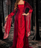 BITSEACOCO Deluxe Witch Dress Costume for Women, Vintage Embroidered Renaissance Victorian Gothic Hooded Vampire Gown Dress Cosplay (Red, XL)