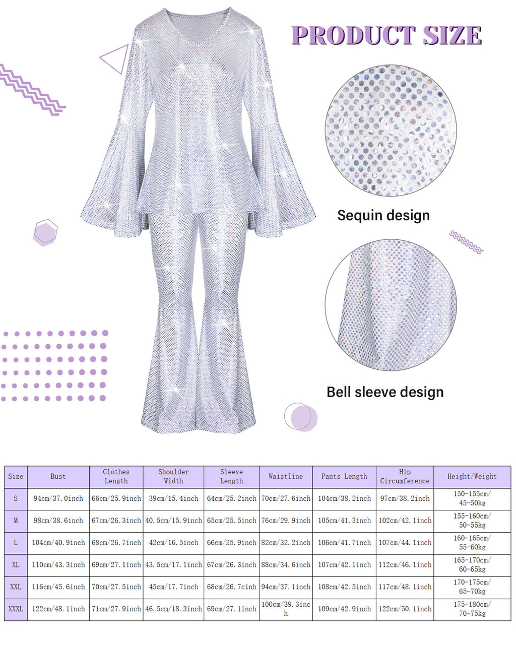 Jexine Halloween 70s Women Disco Outfit Costume Set Disco Party Top Pants Sunglasses Ball Necklace Earring Wig(White,Large)