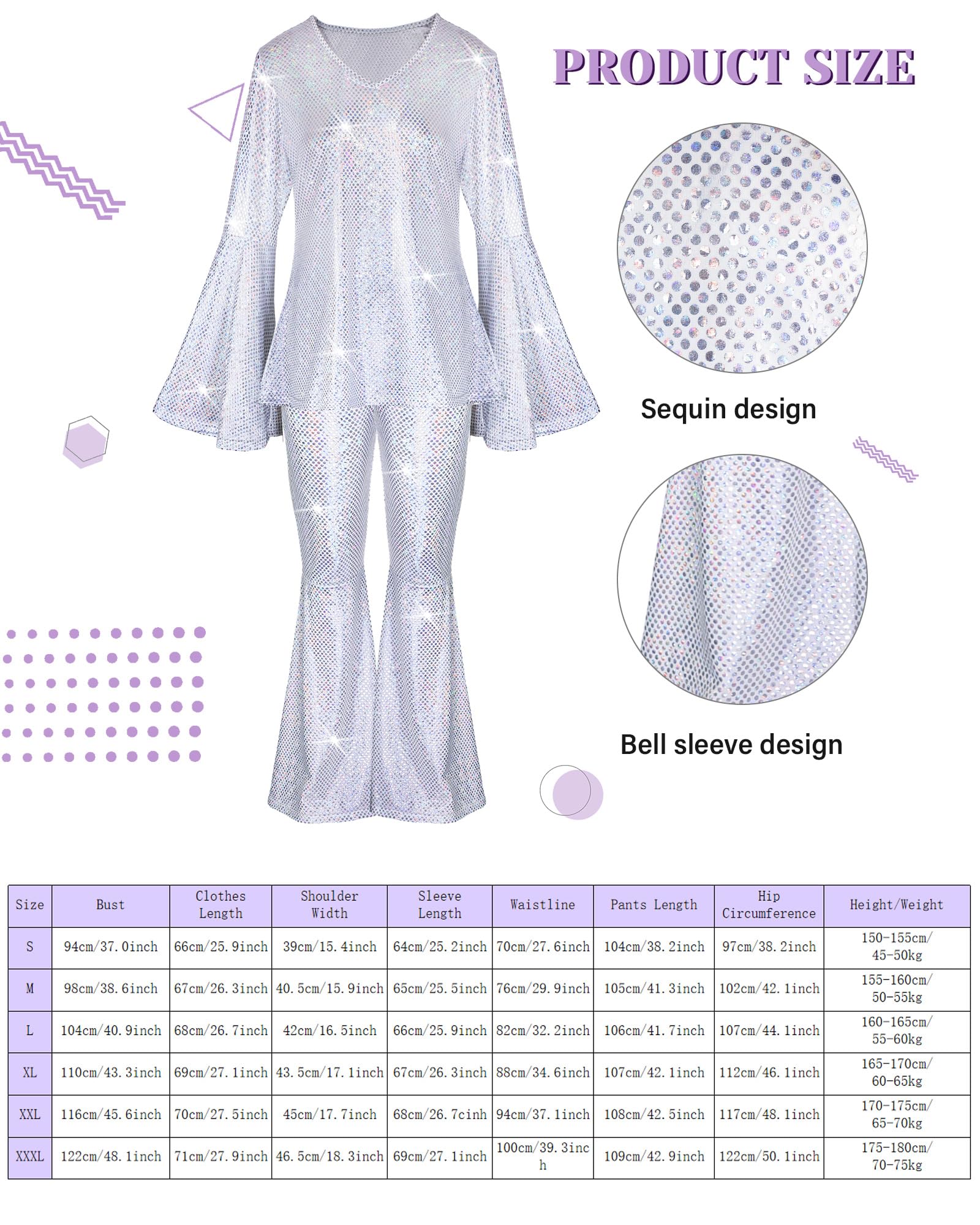 Jexine Halloween 70s Women Disco Outfit Costume Set Disco Party Top Pants Sunglasses Ball Necklace Earring Wig(White,Large)