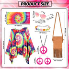 MOVINPE 70s Hippie Costume for Women Accessories Set, Tie Dye Poncho Fringe Bags Flower Crowns Headbands Sunglasses Peace Sign Necklace Earrings 60s Costume Halloween Retro Outfit