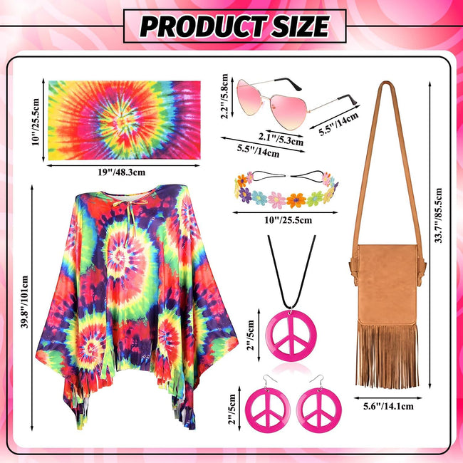 MOVINPE 70s Hippie Costume for Women Accessories Set, Tie Dye Poncho Fringe Bags Flower Crowns Headbands Sunglasses Peace Sign Necklace Earrings 60s Costume Halloween Retro Outfit Main Image