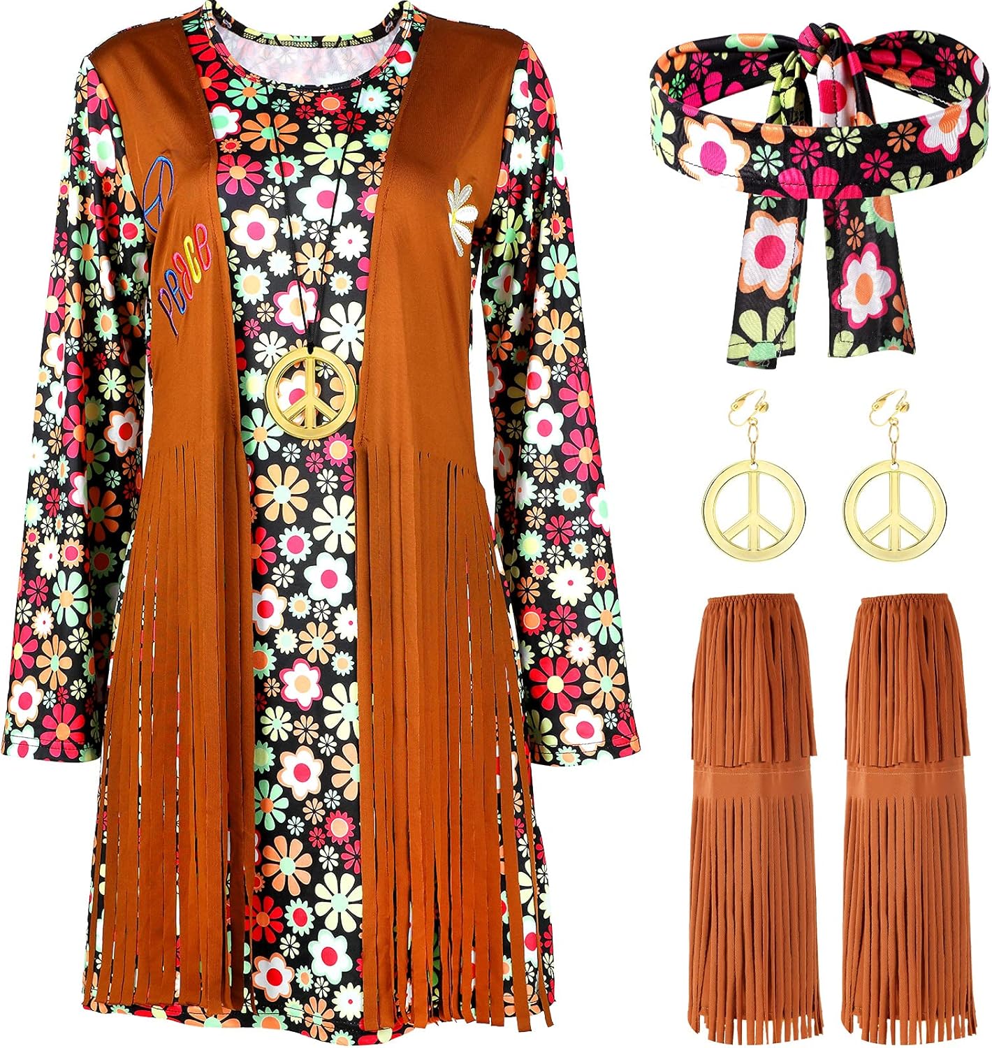 SATINIOR 70s 60s Hippie Costume Set 70s Outfits Accessories for Carnival Party Halloween Women Disco Dress