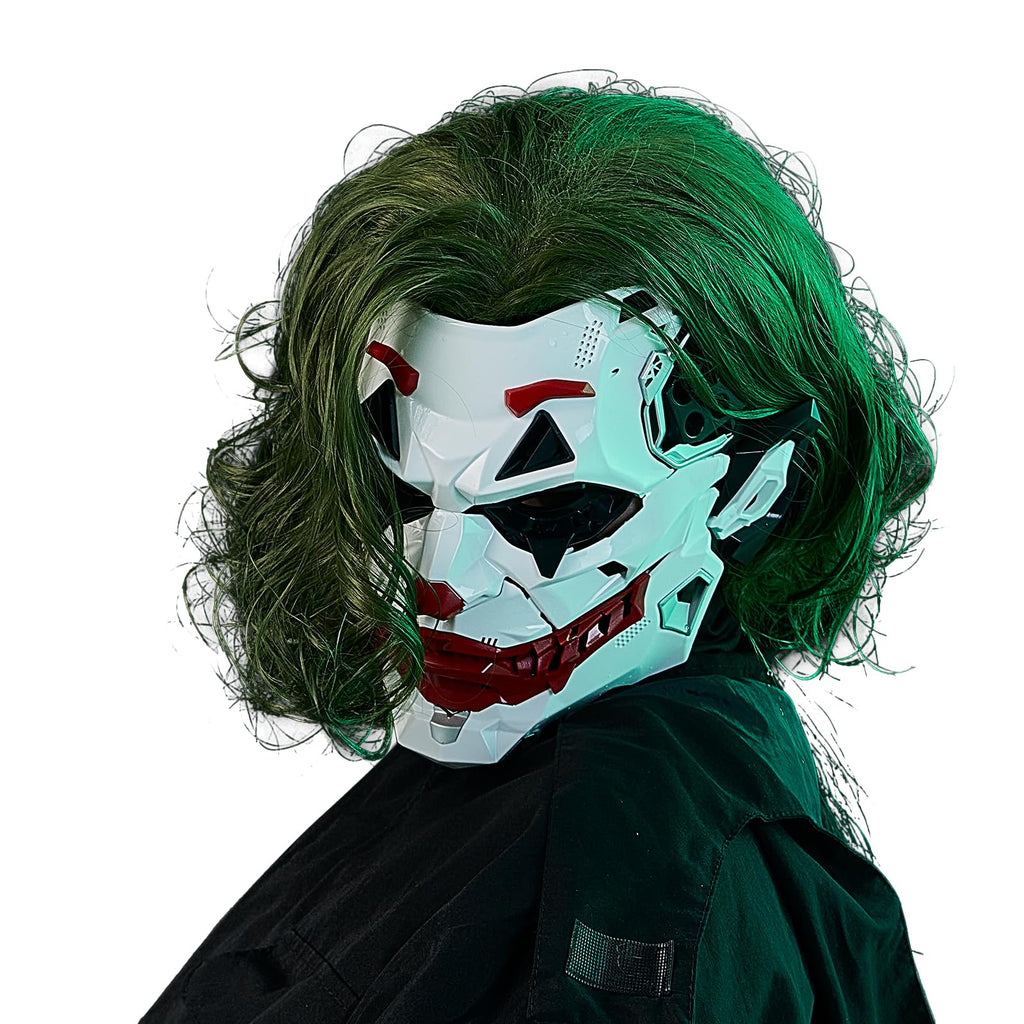 IUUBVV Futuristic Clown Mask with Green Wig, White and Red Cyberpunk Style Face Mask, Halloween Costume Accessory