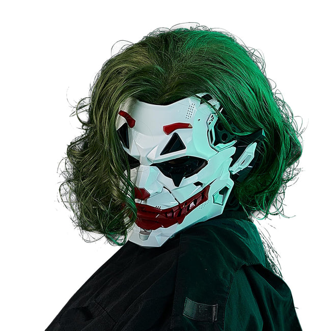 IUUBVV Futuristic Clown Mask with Green Wig, White and Red Cyberpunk Style Face Mask, Halloween Costume Accessory Hover Image