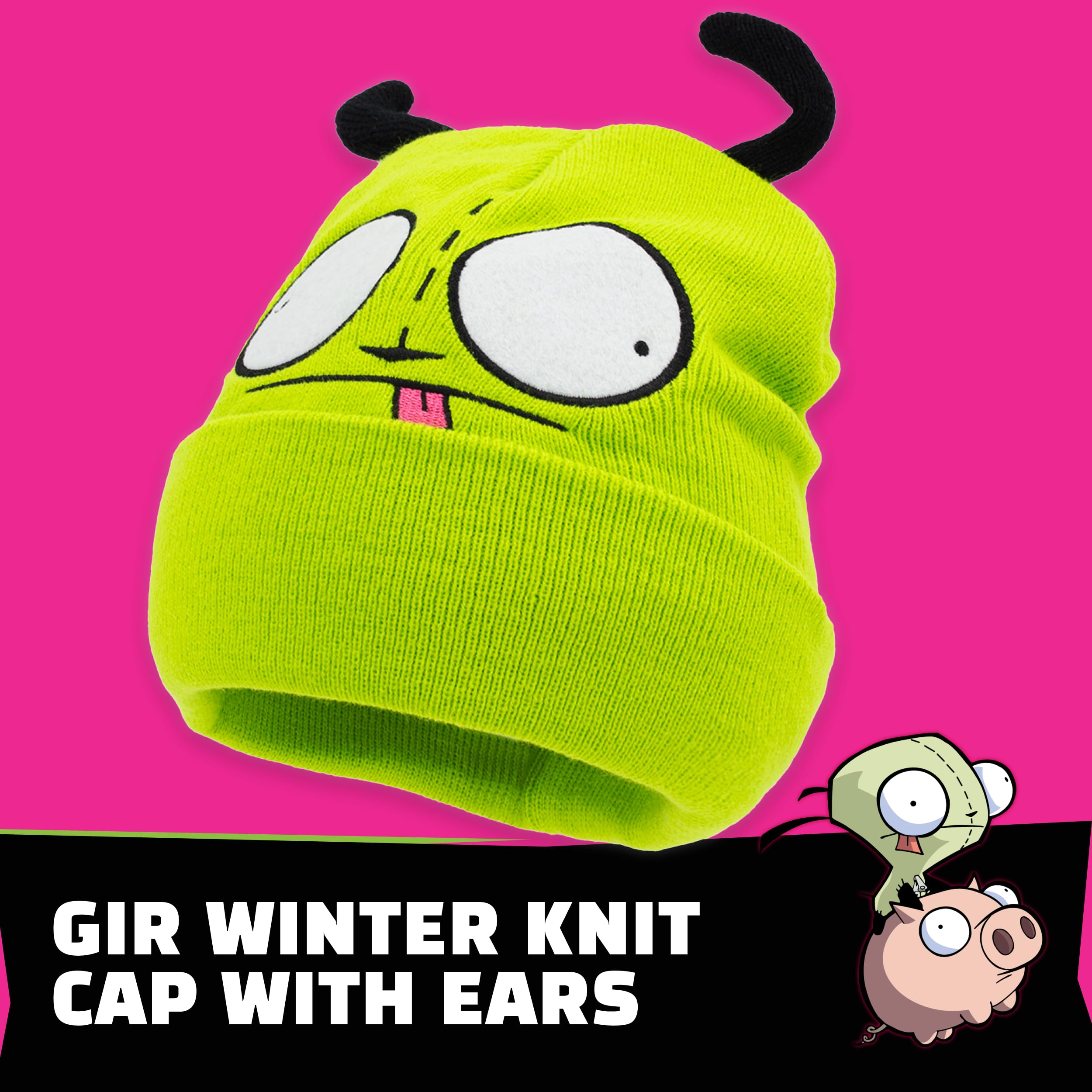 Invader Zim Beanie Hat, Gir Winter Knit Cap with Cuff and 3D Ears, Green, One Size