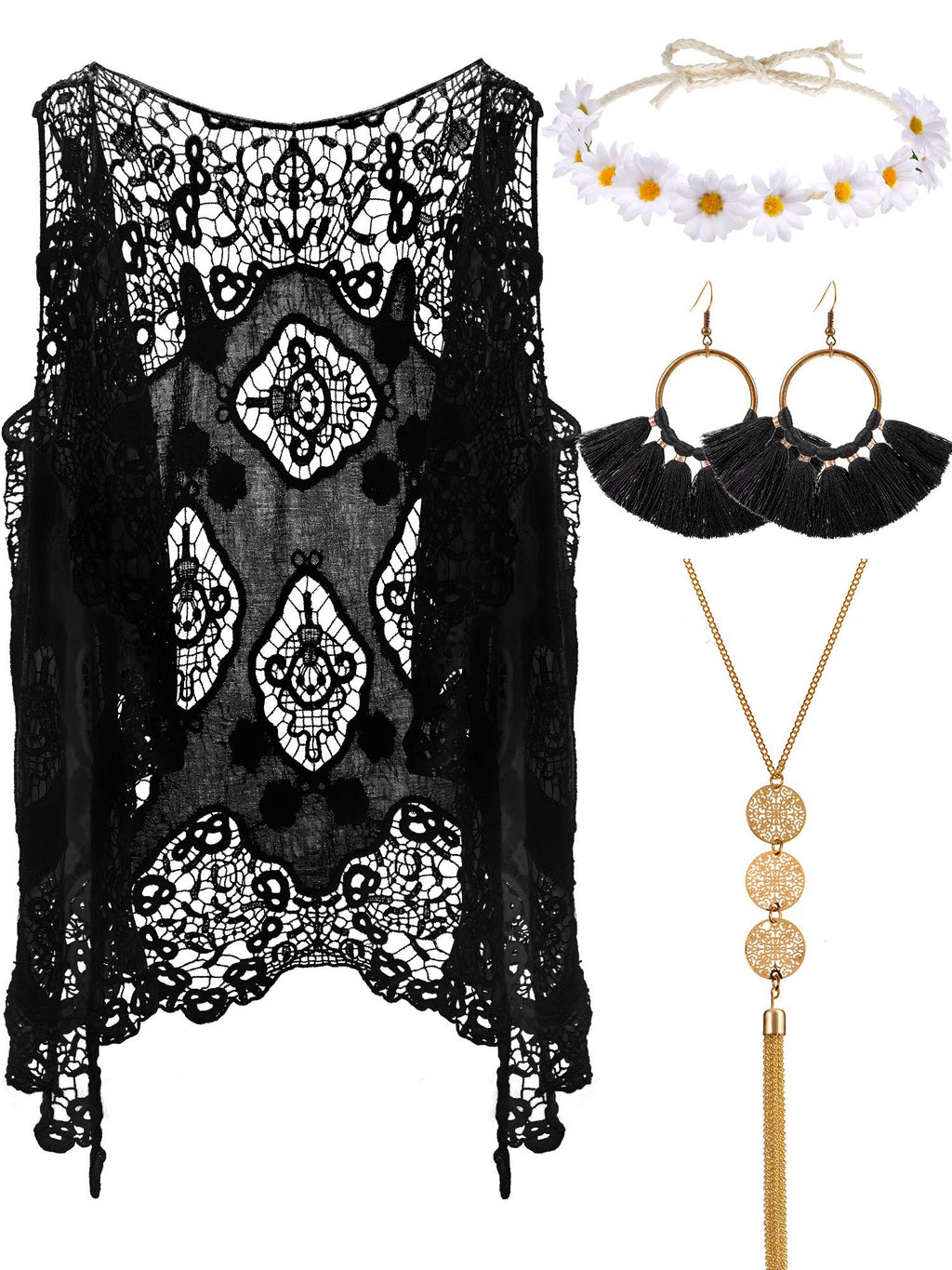 WILLBOND 4 Pcs Halloween 60s 70s Outfits for Women Hippie Costume 70s Costume Tops Accessories Women Fringe Hippie Vest(X-Large,Black)