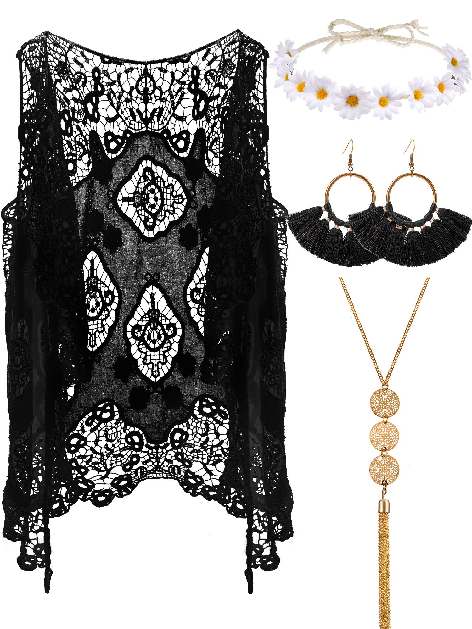 WILLBOND 4 Pcs Halloween 60s 70s Outfits for Women Hippie Costume 70s Costume Tops Accessories Women Fringe Hippie Vest(X-Large,Black)