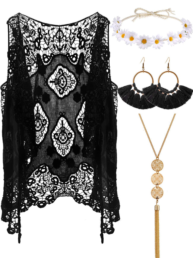 WILLBOND 4 Pcs Halloween 60s 70s Outfits for Women Hippie Costume 70s Costume Tops Accessories Women Fringe Hippie Vest(X-Large,Black) Hover Image