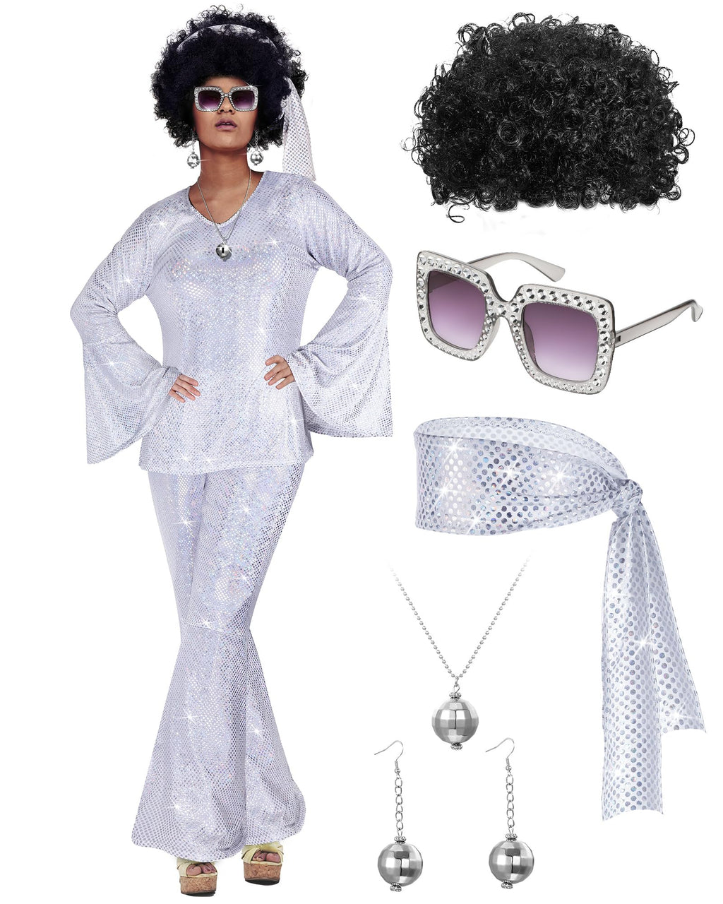Jexine Halloween 70s Women Disco Outfit Costume Set Disco Party Top Pants Sunglasses Ball Necklace Earring Wig(White,Large)