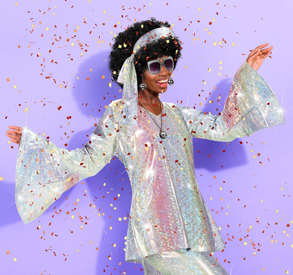 Jexine Halloween 70s Women Disco Outfit Costume Set Disco Party Top Pants Sunglasses Ball Necklace Earring Wig(White,Large)