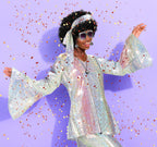 Jexine Halloween 70s Women Disco Outfit Costume Set Disco Party Top Pants Sunglasses Ball Necklace Earring Wig(White,Large)