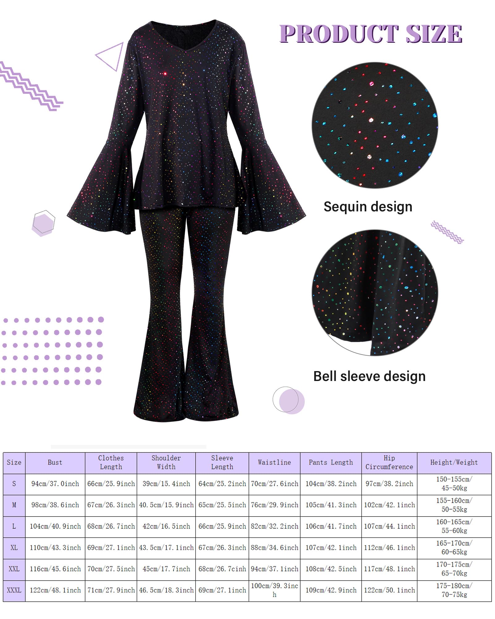 Jexine Halloween 70s Women Disco Outfit Costume Set Disco Party Top Pants Sunglasses Ball Necklace Earring Wig(White,Large)