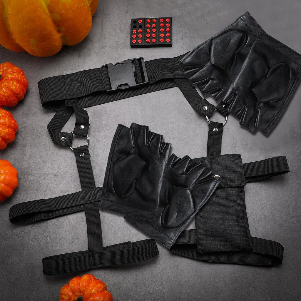 Kathfly 2 Sets Women's Multi Strap Garter and Leather Gloves Halloween Black Utility Goth Belt Costume with Pocket Adjustable Leg Straps for Halloween Party Cosplay Accessory