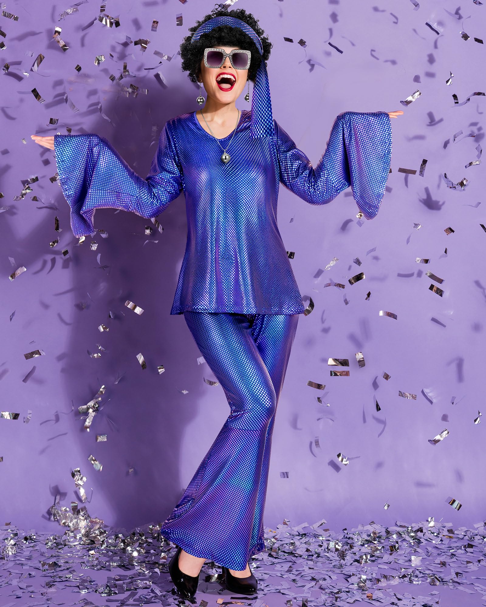 Jexine Halloween 70s Women Disco Outfit Costume Set Disco Party Top Pants Sunglasses Ball Necklace Earring Wig(White,Large)