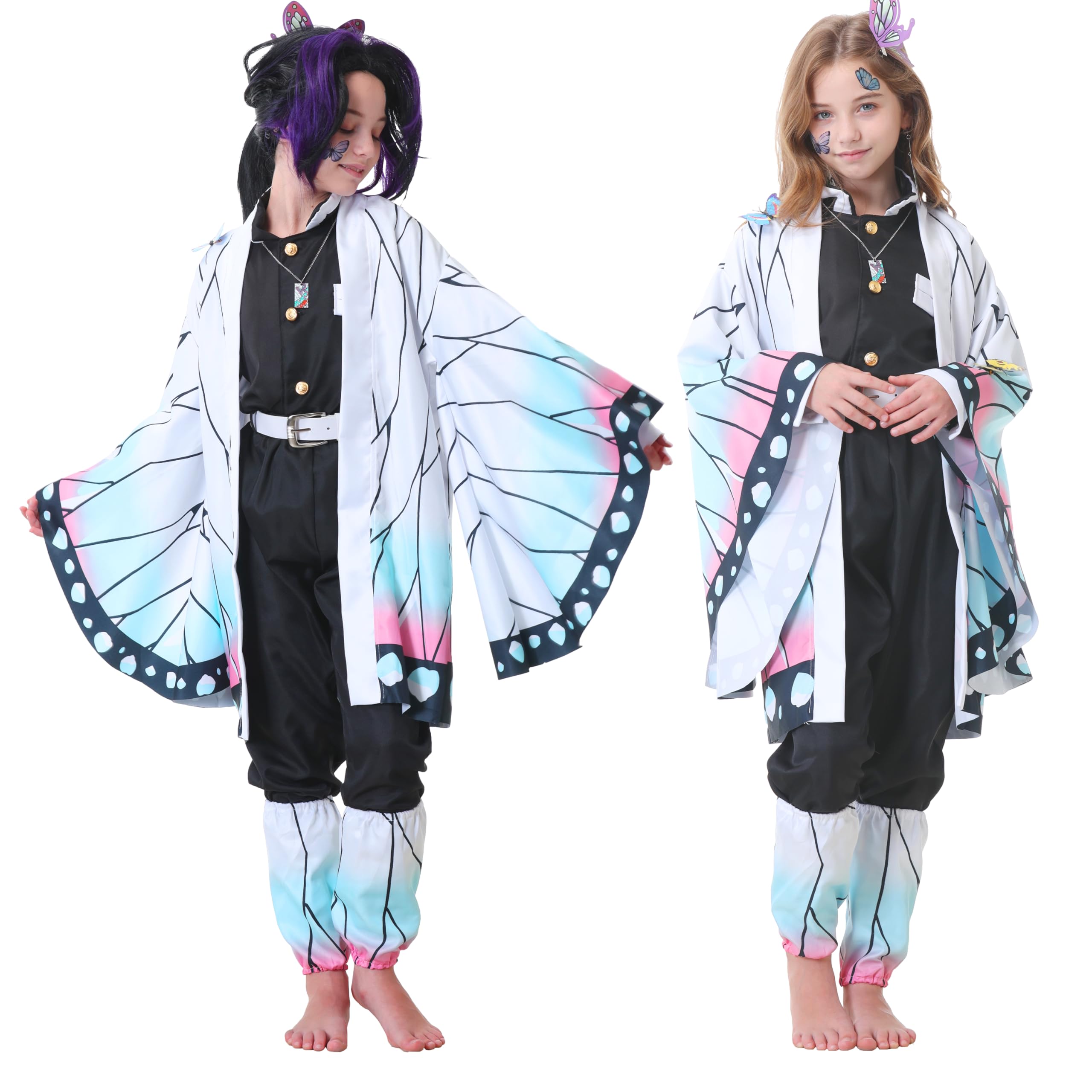 Powzaty Anime Cosplay Costume Kimono Full Set Adult Girls Robe Cloak Costume Set Halloween Kimono Outfit Cosplay with Wig (Butterfly Set, Kids 140)