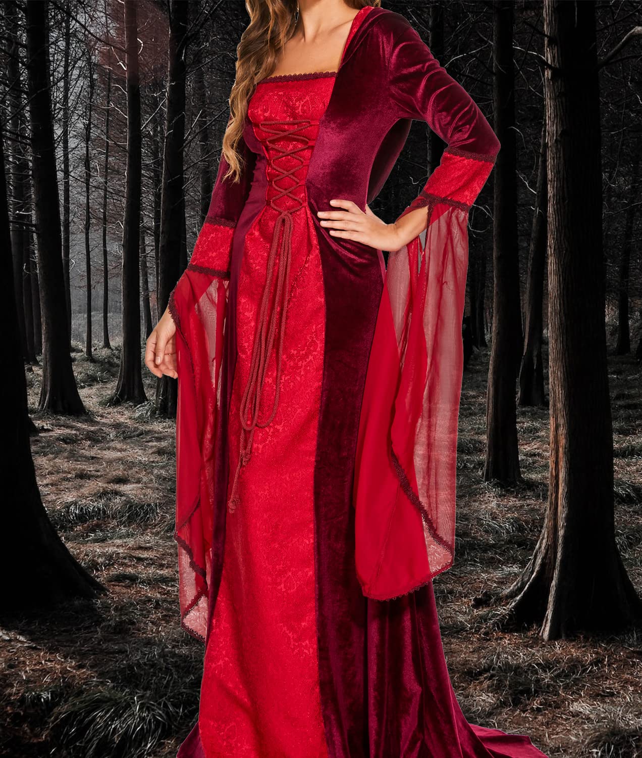 BITSEACOCO Deluxe Witch Dress Costume for Women, Vintage Embroidered Renaissance Victorian Gothic Hooded Vampire Gown Dress Cosplay (Red, XL)