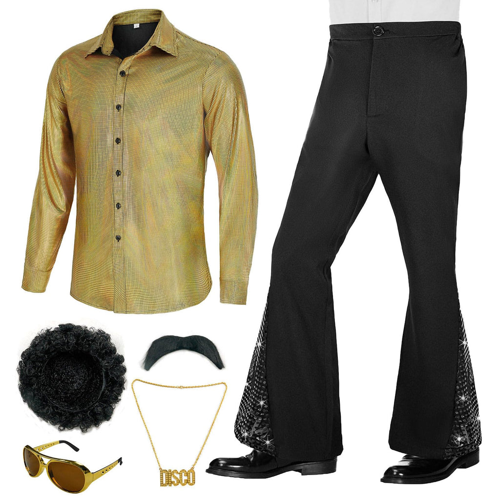70s Outfits for Men 6 Pcs Disco Outfit Retro Costume with Bell Bottom Pants