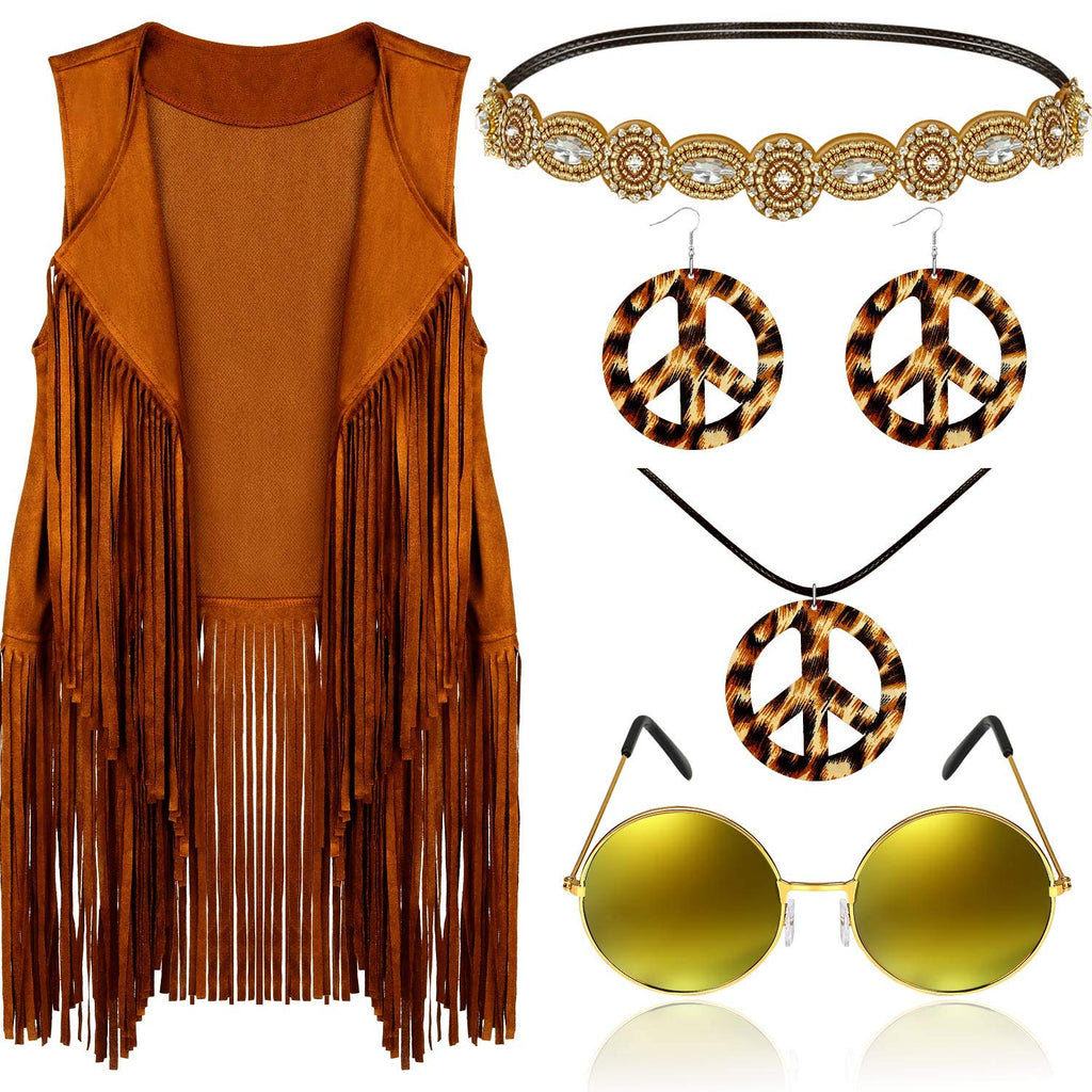 Frienda 6 Pcs 60s 70s Outfit for Women Hippie Halloween Costume Set Peace Sign Earring Headband Fringe Vest Tassel Cardigan