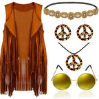 Frienda 6 Pcs 60s 70s Outfit for Women Hippie Halloween Costume Set Peace Sign Earring Headband Fringe Vest Tassel Cardigan