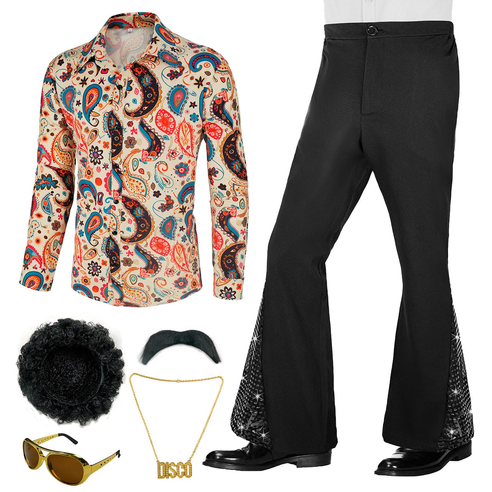 70s Outfits for Men 6 Pcs Disco Outfit Retro Costume with Bell Bottom Pants