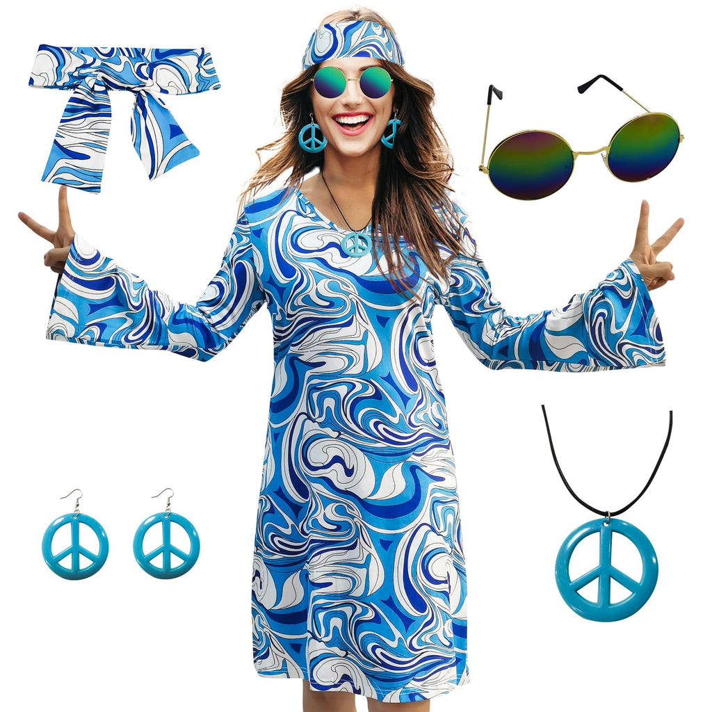 70s Hippie Dress Costumes Necklace Earrings Sunglass Women Disco Outfit, 60s Party Costume, Halloween Retro Dresses