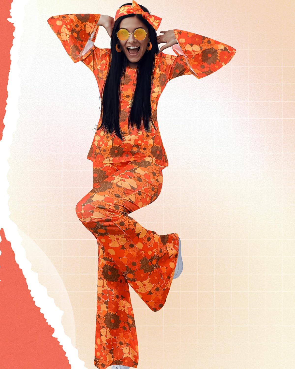 Leumoi 6 Pcs 60s 70s Disco Outfit Women Hippie Costume Accessories Flared Pants Headband Earrings Sunglass