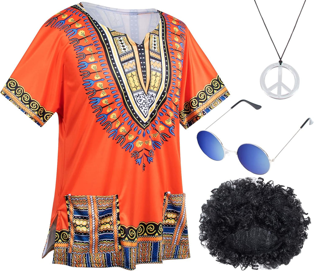 4 PCS Hippie Costume for Mens 60s 70s T-Shirt Afro Wig Accessories Set for Party Cosplay