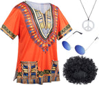 4 PCS Hippie Costume for Mens 60s 70s T-Shirt Afro Wig Accessories Set for Party Cosplay