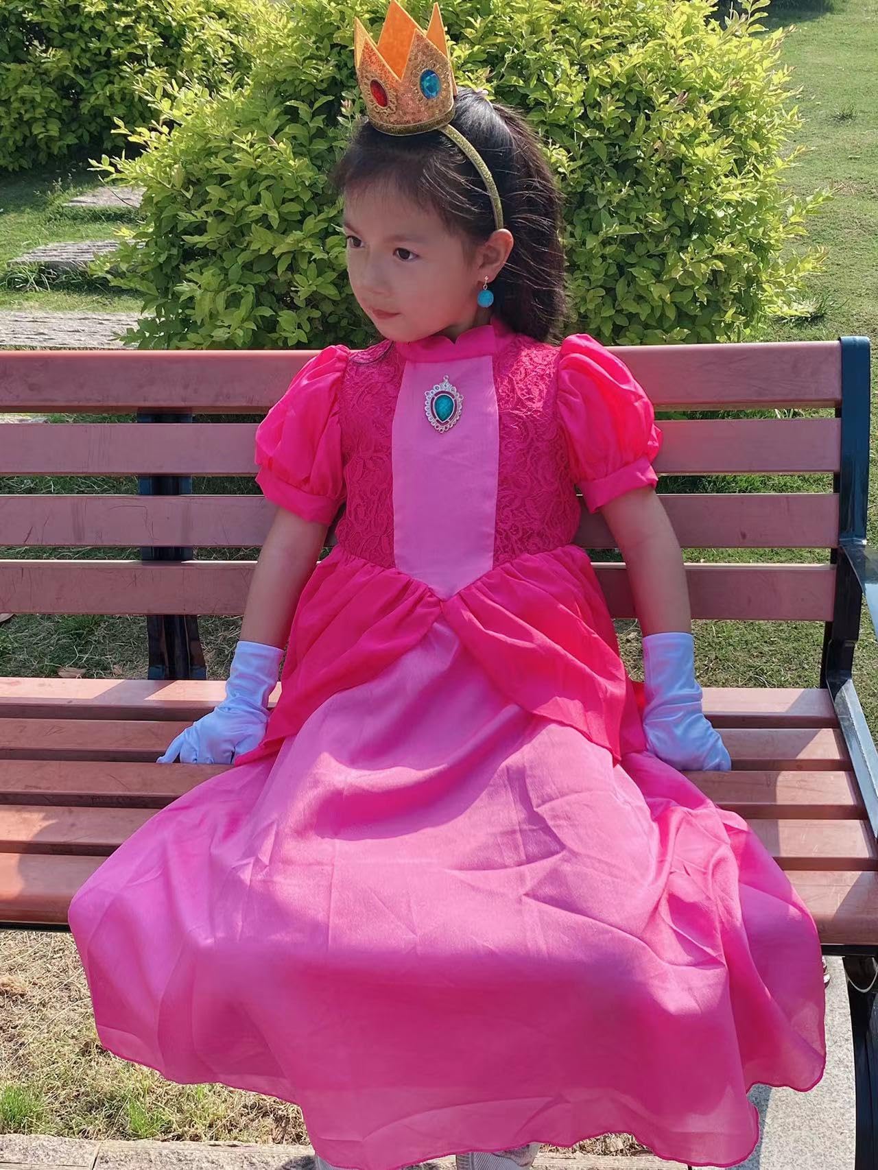 Twhxiyicos Princess Peach Cosplay Costume Girls Princess Peach Dress Kids Outfit Crown Earrings Gloves for Halloween