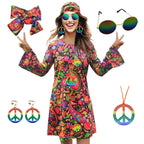 70s Hippie Dress Costumes Necklace Earrings Sunglass Women Disco Outfit, 60s Party Costume, Halloween Retro Dresses