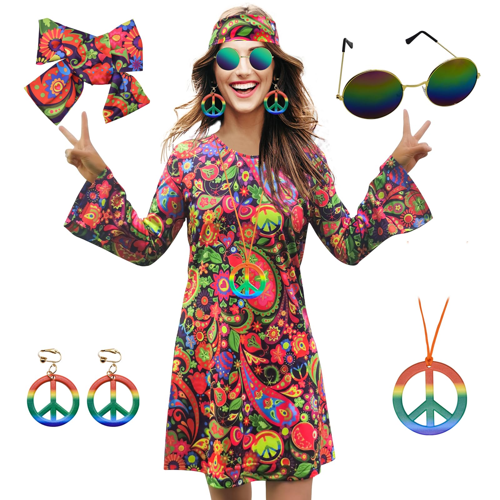 70s Hippie Dress Costumes Necklace Earrings Sunglass Women Disco Outfit, 60s Party Costume, Halloween Retro Dresses
