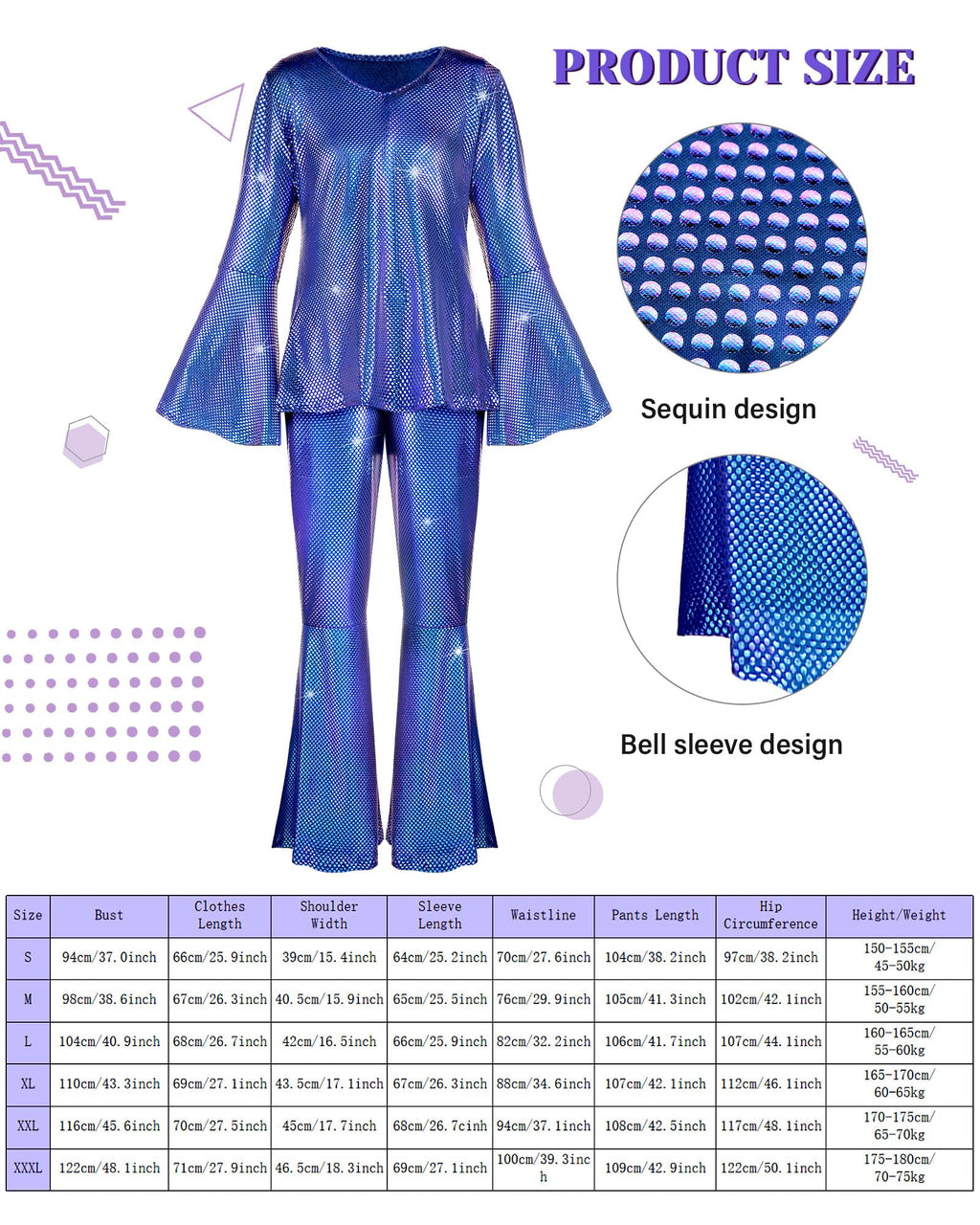 Jexine Halloween 70s Women Disco Outfit Costume Set Disco Party Top Pants Sunglasses Ball Necklace Earring Wig(White,Large)