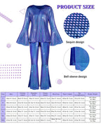 Jexine Halloween 70s Women Disco Outfit Costume Set Disco Party Top Pants Sunglasses Ball Necklace Earring Wig(White,Large)
