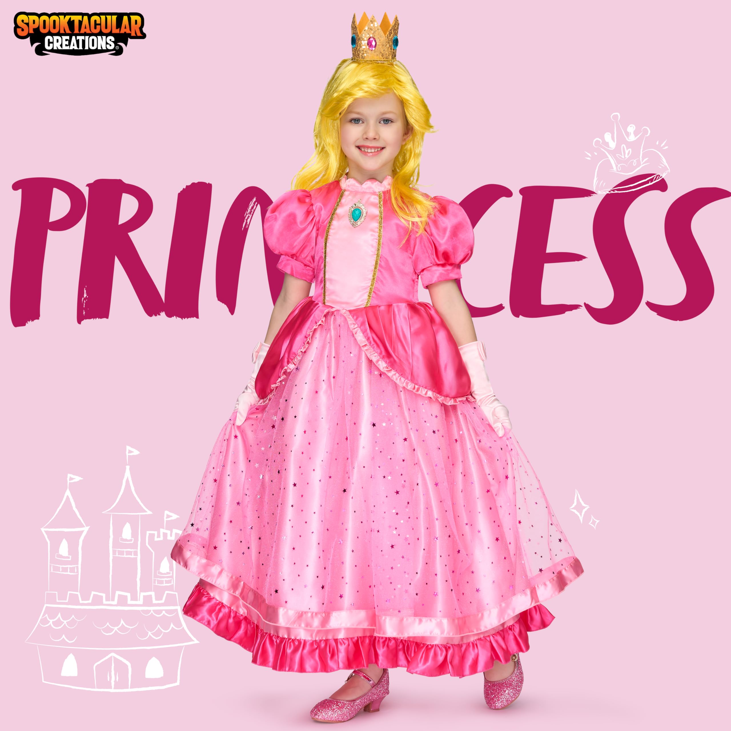 Spooktacular Creations Halloween Pink Princess Dress, Kids Princess Dress Up Set, Peach Crown Costume for Girls Toddler Halloween, Birthday, Roleplay Party (Small, 5-7 yrs)
