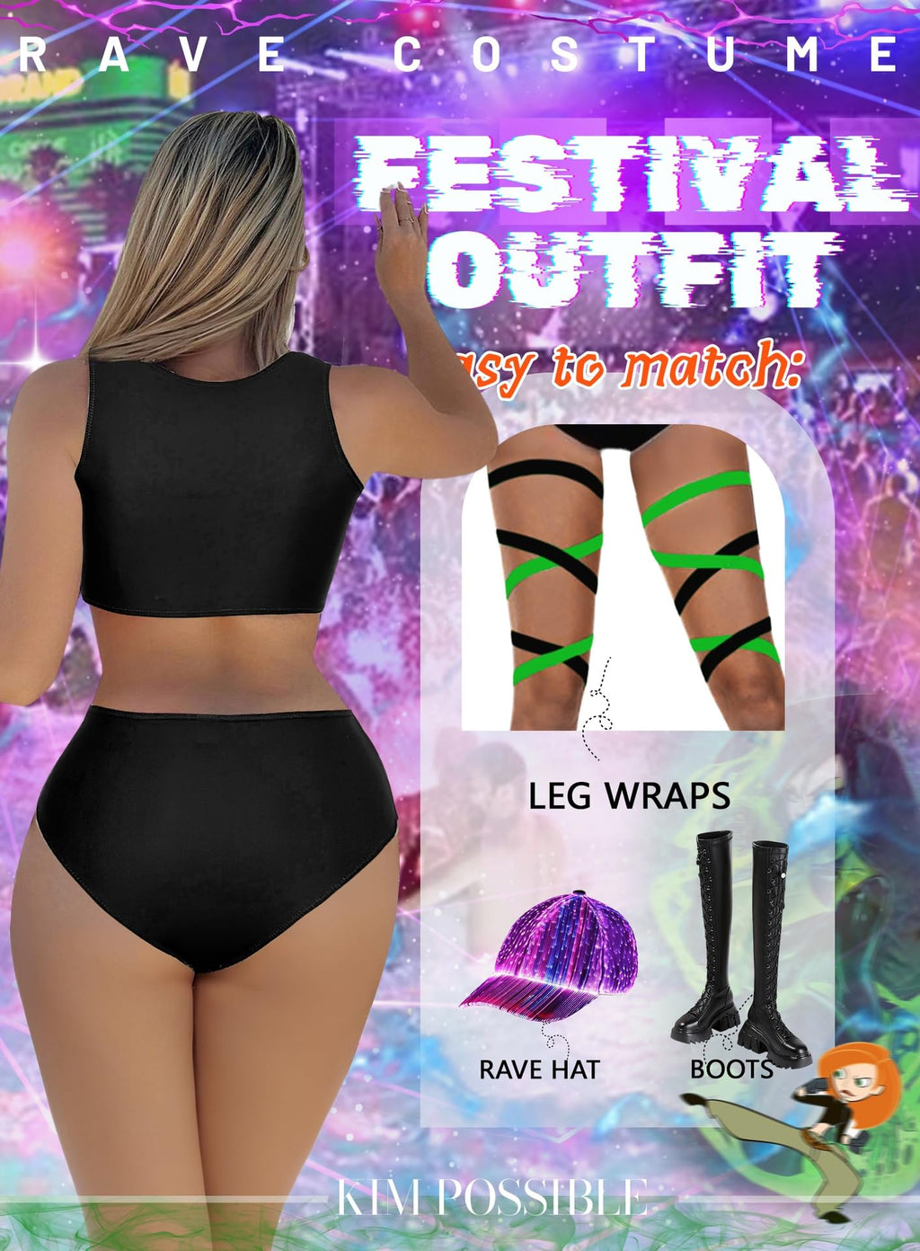 EVELUST Womens Colorblock Shego Costume - Rave Outfit Swimsuits High Neck Crop Top High Waisted Bottom Cosplay Bikini Set(BlackGreen,M,10851e)