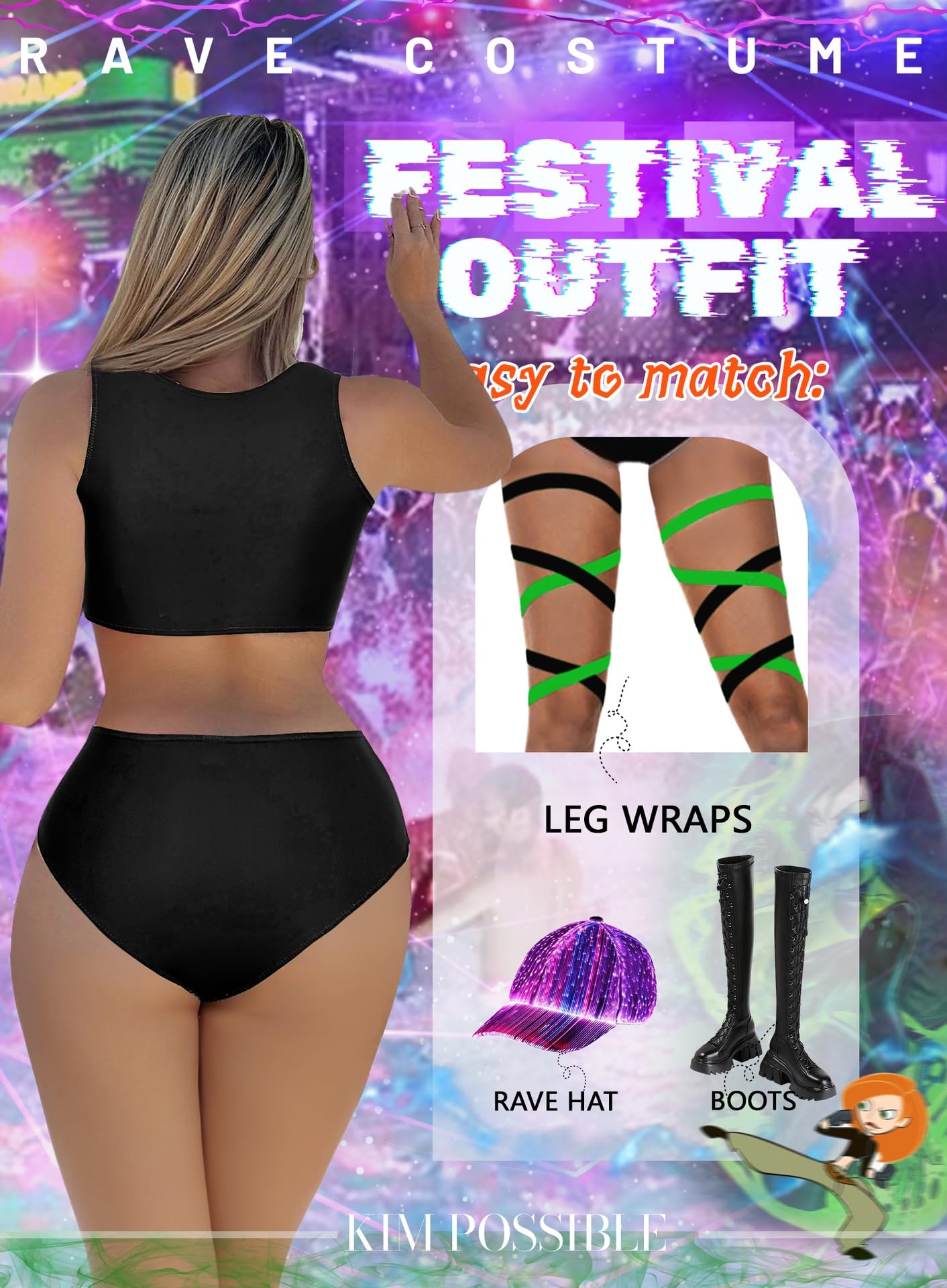 EVELUST Womens Colorblock Shego Costume - Rave Outfit Swimsuits High Neck Crop Top High Waisted Bottom Cosplay Bikini Set(BlackGreen,M,10851e)