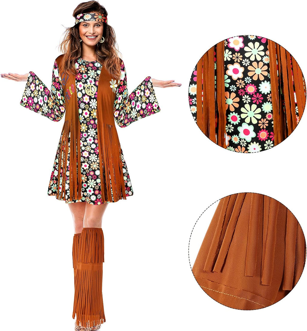 SATINIOR 70s 60s Hippie Costume Set 70s Outfits Accessories for Carnival Party Halloween Women Disco Dress