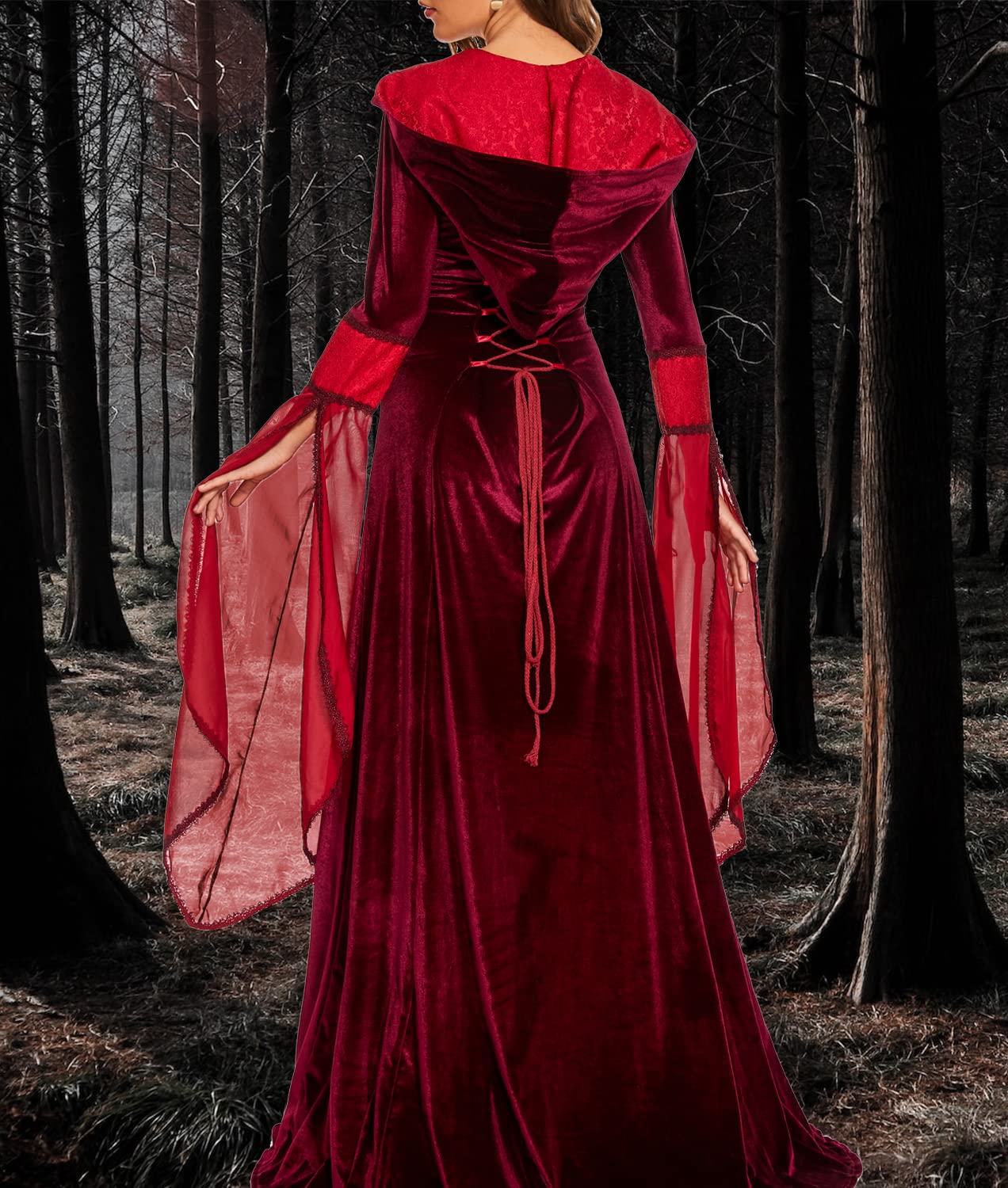 BITSEACOCO Deluxe Witch Dress Costume for Women, Vintage Embroidered Renaissance Victorian Gothic Hooded Vampire Gown Dress Cosplay (Red, XL)