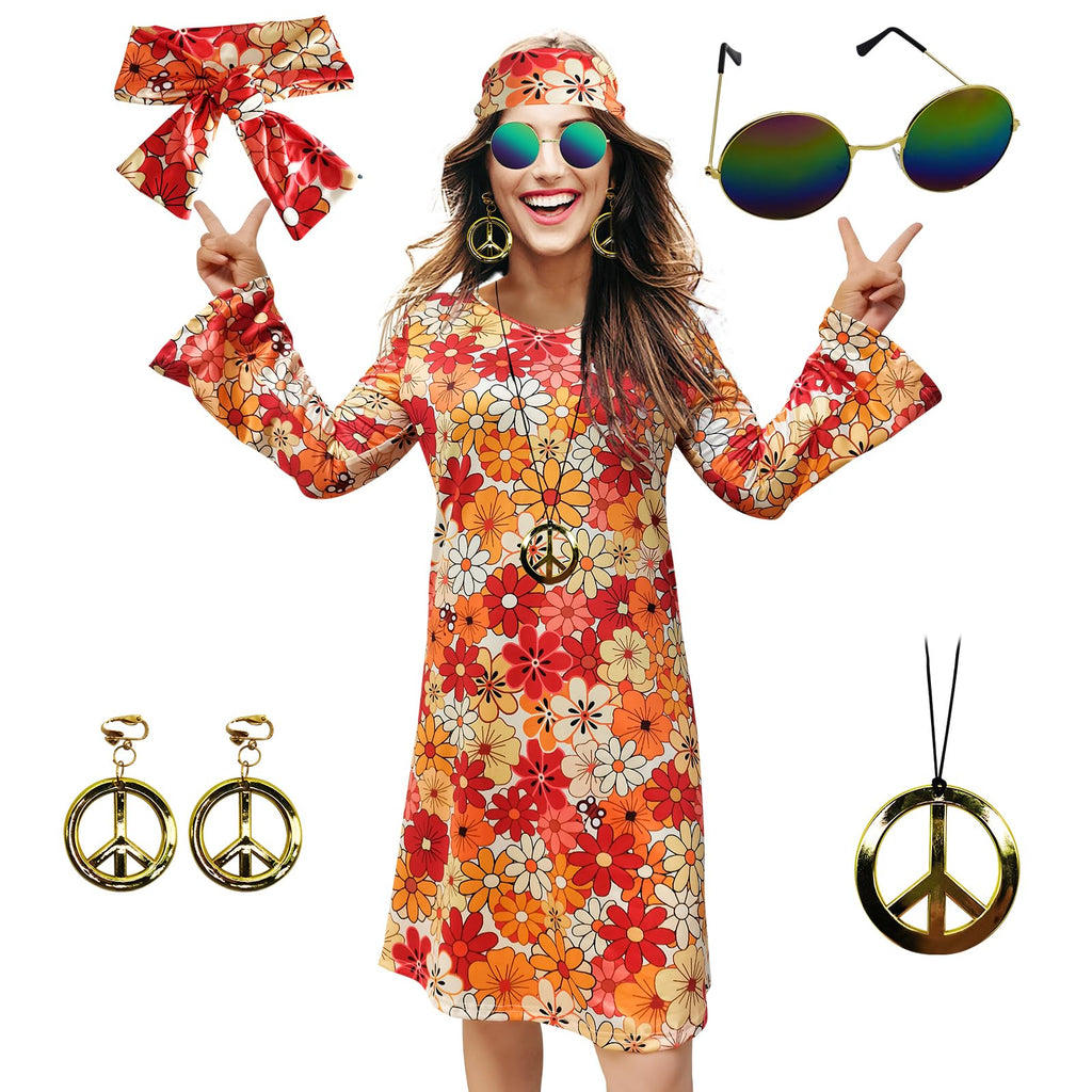 70s Hippie Dress Costumes Necklace Earrings Sunglass Women Disco Outfit, 60s Party Costume, Halloween Retro Dresses