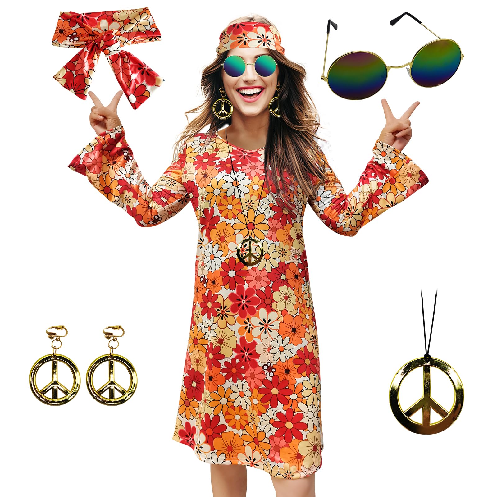 70s Hippie Dress Costumes Necklace Earrings Sunglass Women Disco Outfit, 60s Party Costume, Halloween Retro Dresses