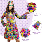 70s Hippie Dress Costumes Necklace Earrings Sunglass Women Disco Outfit, 60s Party Costume, Halloween Retro Dresses