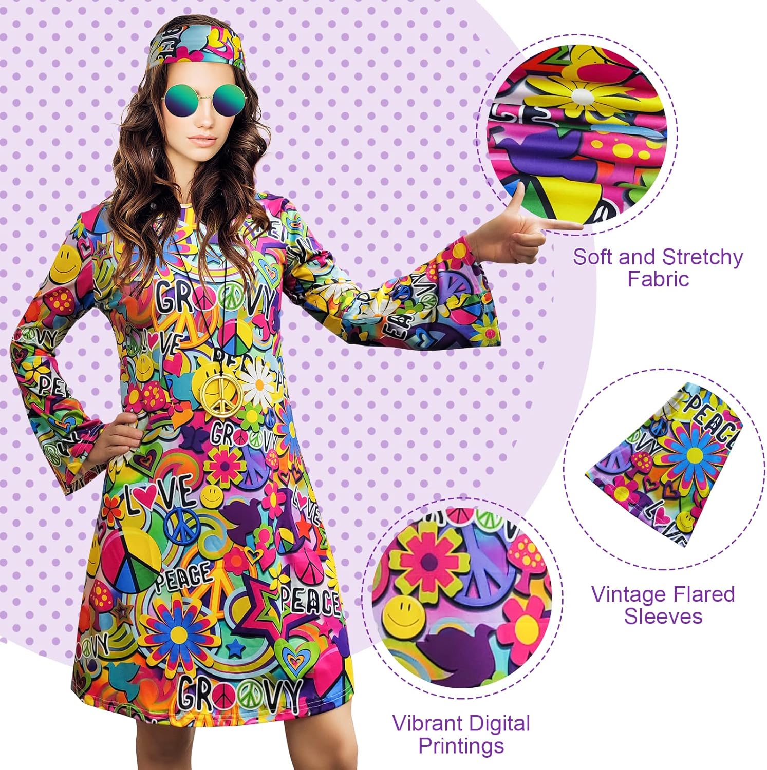 70s Hippie Dress Costumes Necklace Earrings Sunglass Women Disco Outfit, 60s Party Costume, Halloween Retro Dresses