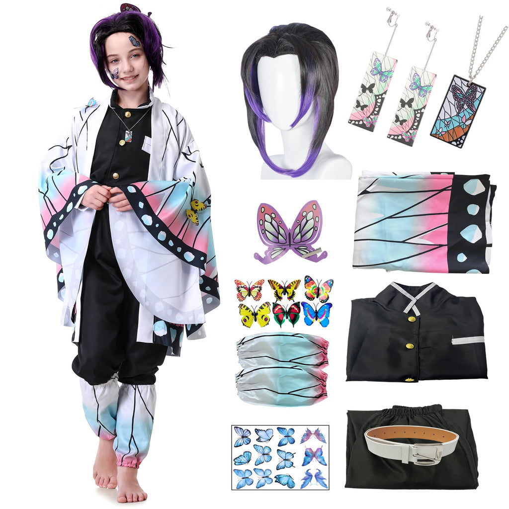 Powzaty Anime Cosplay Costume Kimono Full Set Adult Girls Robe Cloak Costume Set Halloween Kimono Outfit Cosplay with Wig (Butterfly Set, Kids 140)