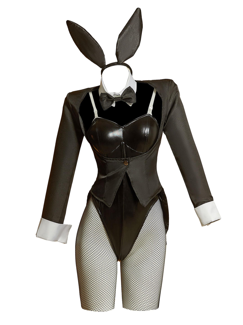 Cosplay.fm Women Dress Up Cosplay Costume Black Bunny Bodysuit and Coat with Stockings and Bunny Ear Headband (Black, S)